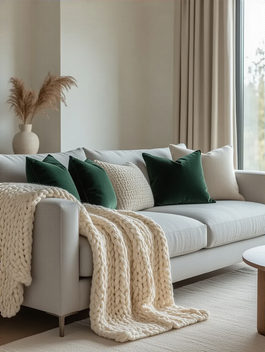 A visually cluttered modern living room with excessive decorative items and repetitive patterns, illustrating over-accessorizing mistakes.