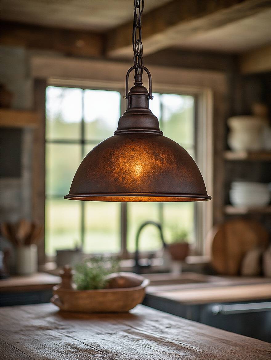 Warm CCT farmhouse kitchen lighting, showcasing golden light from pendant and under-cabinet lights, illuminating rustic wood cabinets and a ceramic sink, creating a cozy and inviting atmosphere.