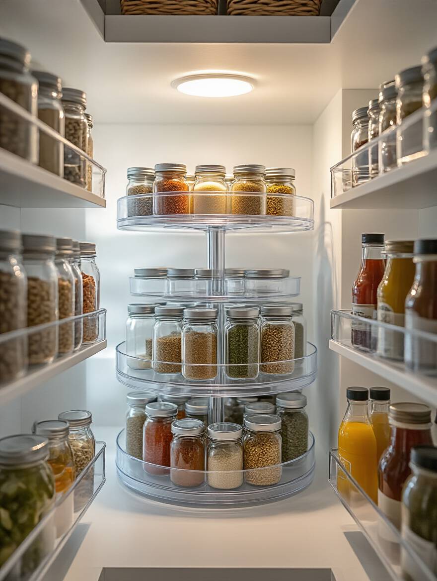A beautifully organized kitchen pantry, clearly zoned by frequency of use with daily essentials at eye level in clear containers, weekly items easily accessible, and occasional items stored higher up. Demonstrates efficient pantry organization for smart zoning.