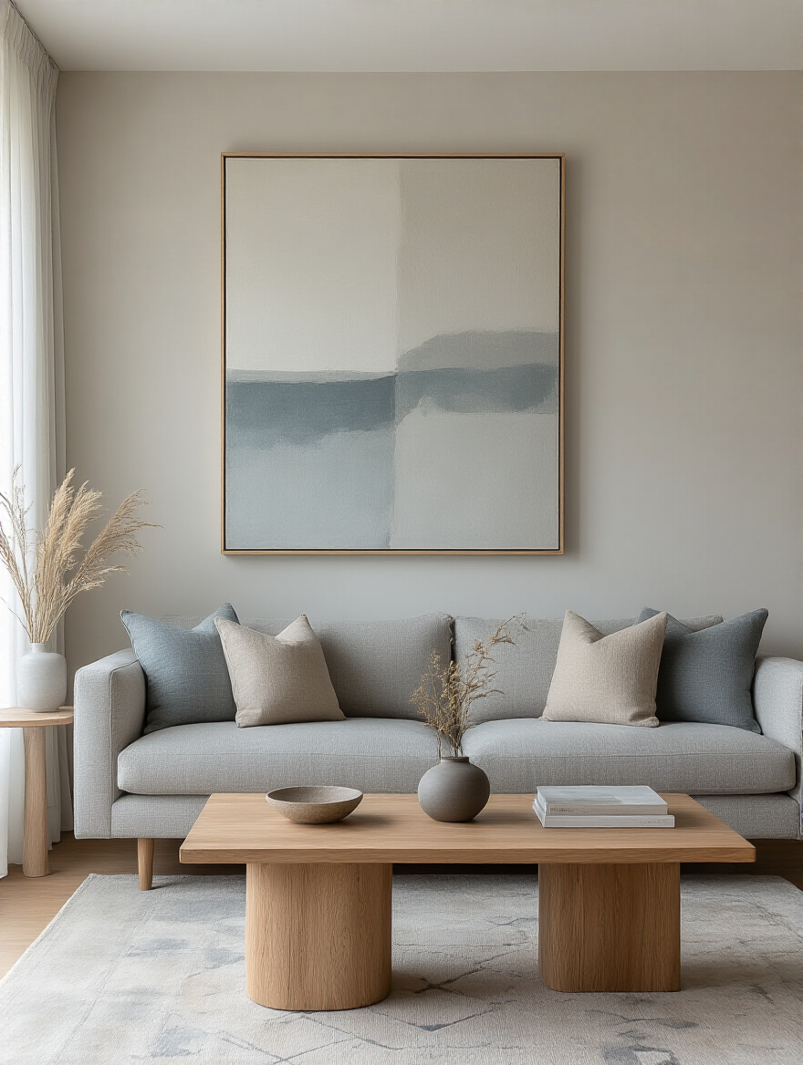 A sophisticated modern living room featuring a large abstract artwork with a muted color palette, complementing a soft gray sofa and natural wood furniture, creating a harmonious and serene atmosphere.