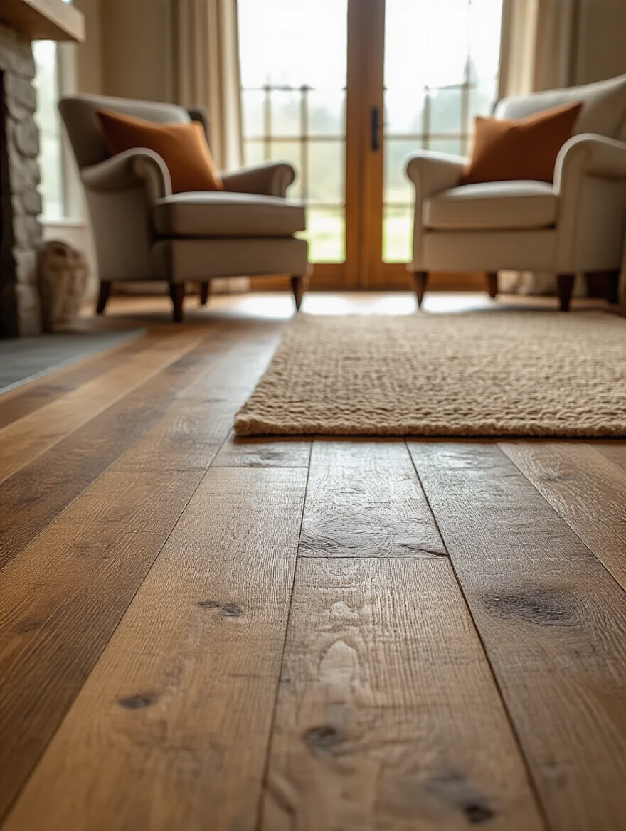 Rustic living room featuring wide-plank distressed hardwood floors, large format natural stone tiles, and a cozy natural fiber area rug.