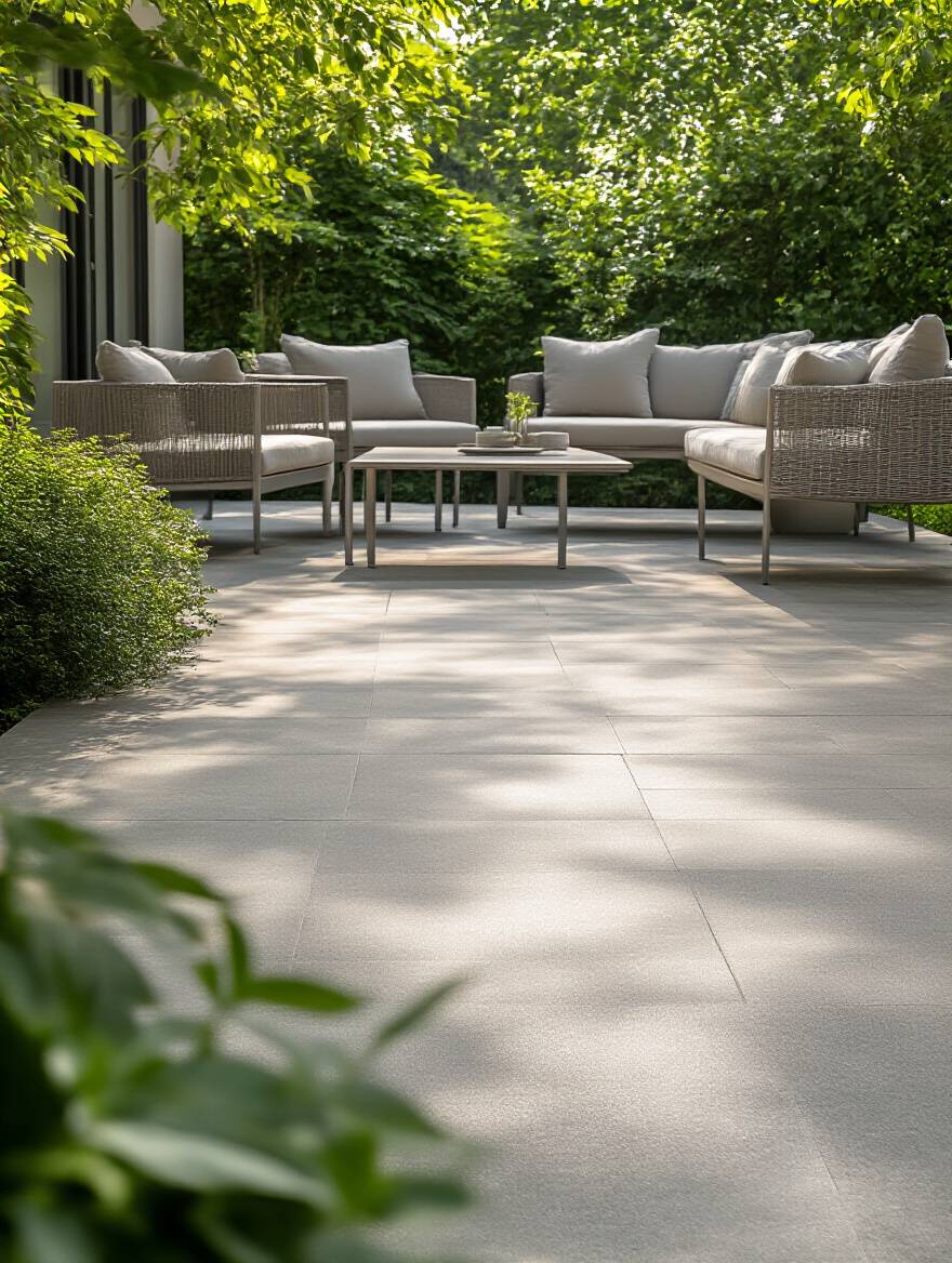 Close-up view of a patio built with durable porcelain pavers and composite decking, featuring weather-resistant aluminum furniture under bright natural light.