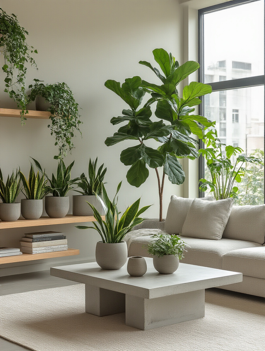 Modern living room with a sleek lift-top versatile coffee table, designed for multi-functionality. Minimalist decor and natural lighting emphasize its clean lines.