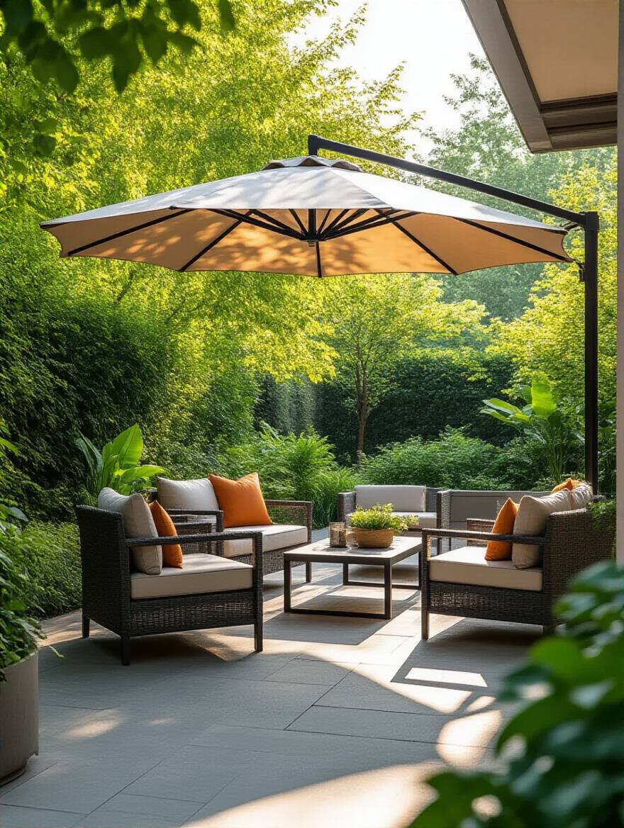 Stylish patio featuring a large outdoor umbrella casting perfect shade over a modern lounge area with comfortable seating and greenery.