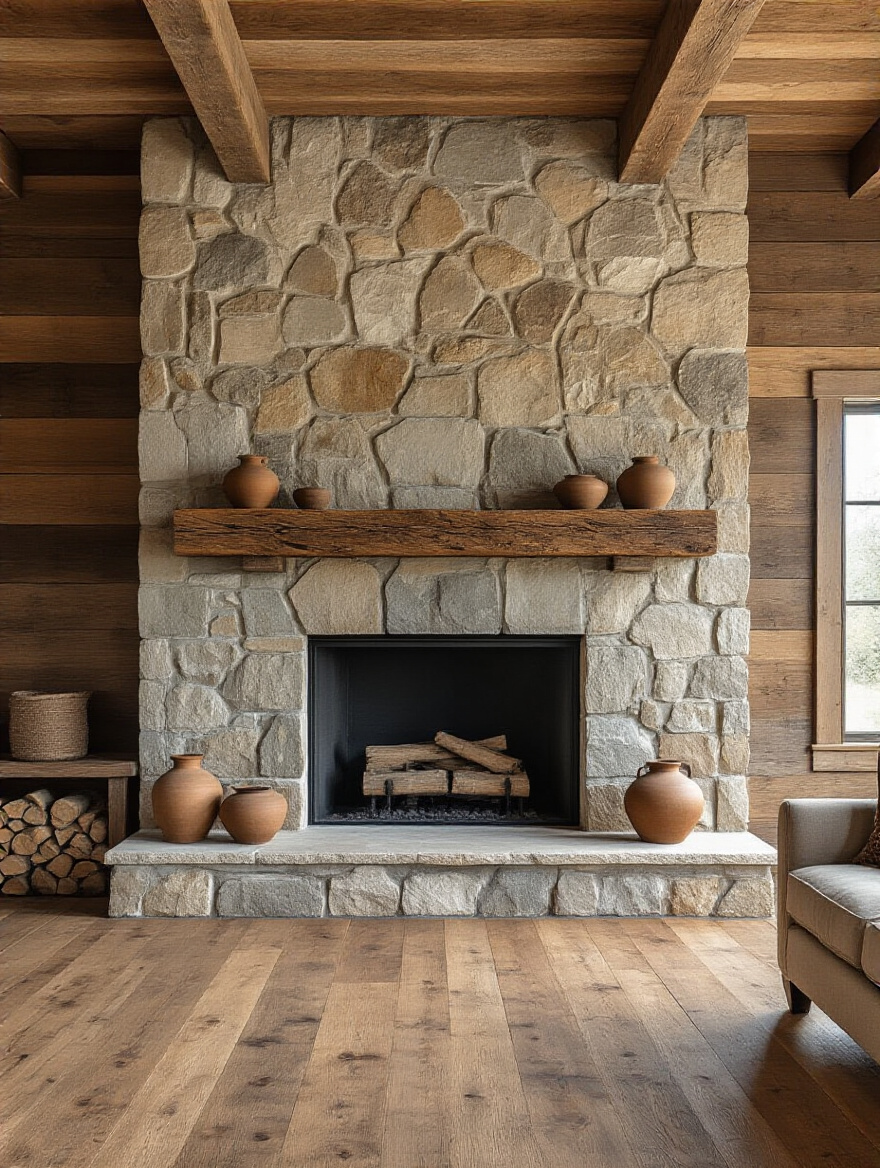 Rustic living room featuring a floor-to-ceiling river stone fireplace, reclaimed barn wood mantle, and an accent wall of reclaimed oak planks, showing rich textures and natural materials.