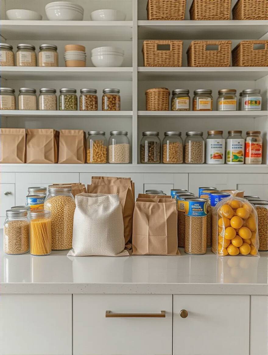 Empty, clean kitchen pantry shelves with various food items sorted into organized piles on an adjacent counter, representing a comprehensive pantry purge for kitchen organization.