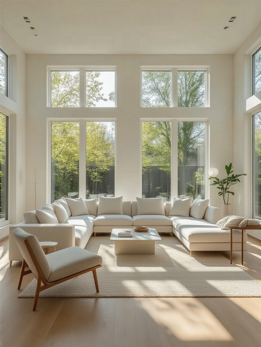 Modern living room interior with clear traffic flow and functional furniture arrangement, optimized after a spatial audit, showcasing spaciousness and thoughtful design principles.