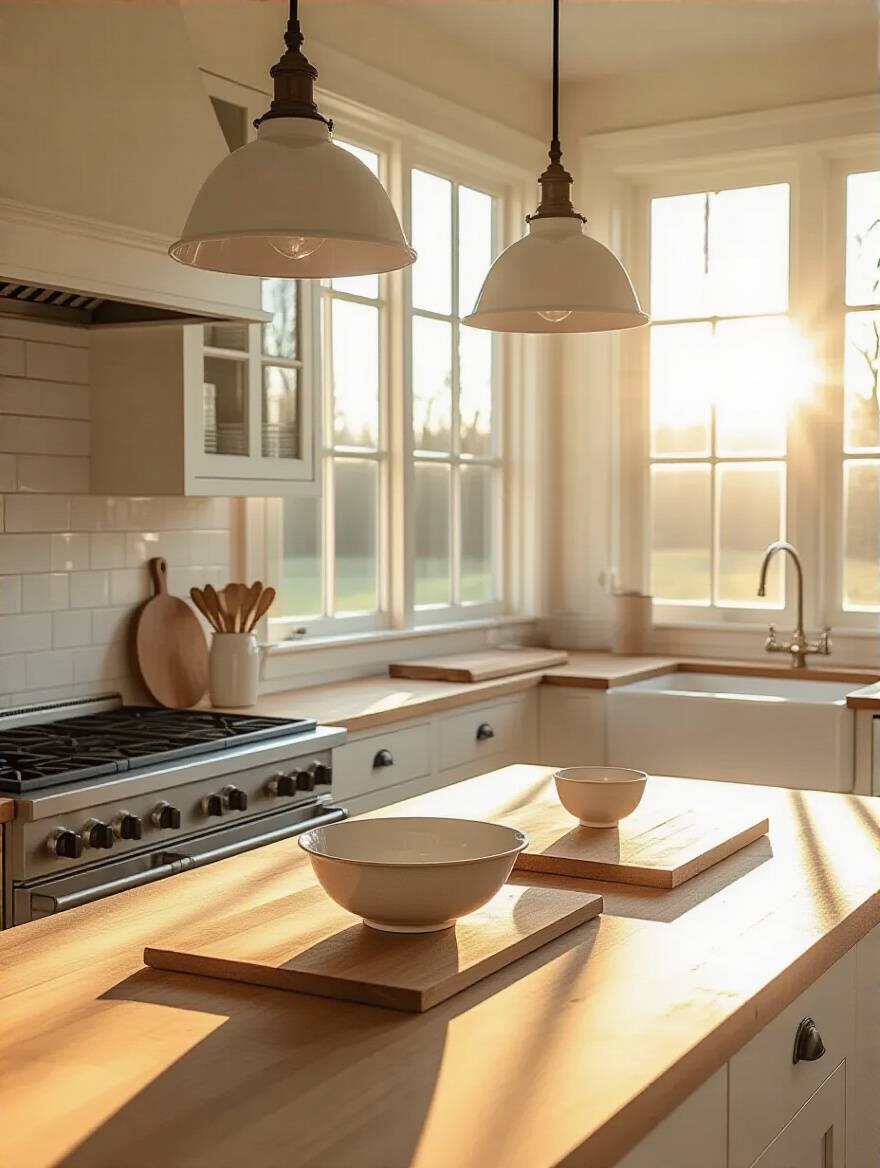 Overhead view of a farmhouse kitchen interior showing different illuminated zones for task analysis with pendants, sconces, and under-cabinet lighting.