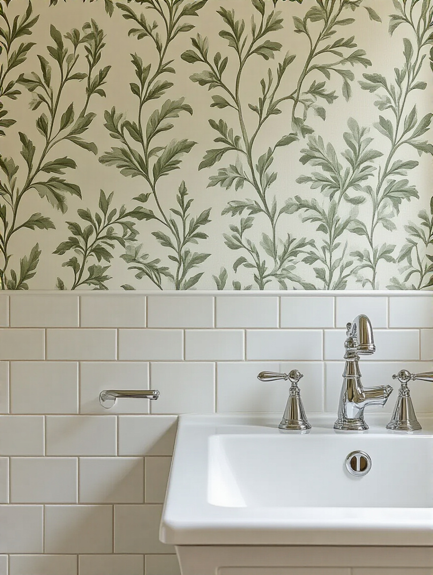Bathroom half-wall with white subway tiles and botanical wallpaper coordinated with polished chrome fixtures, illustrating decor integration.