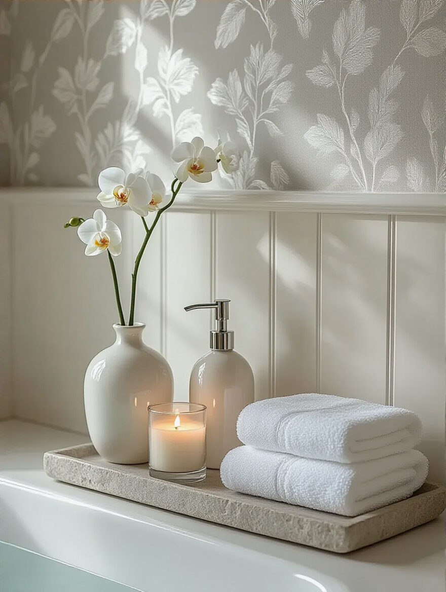 Spa-themed bathroom vignette with botanical half-wall wallpaper, featuring an orchid, soap dispenser, towels, and candle on a stone tray.