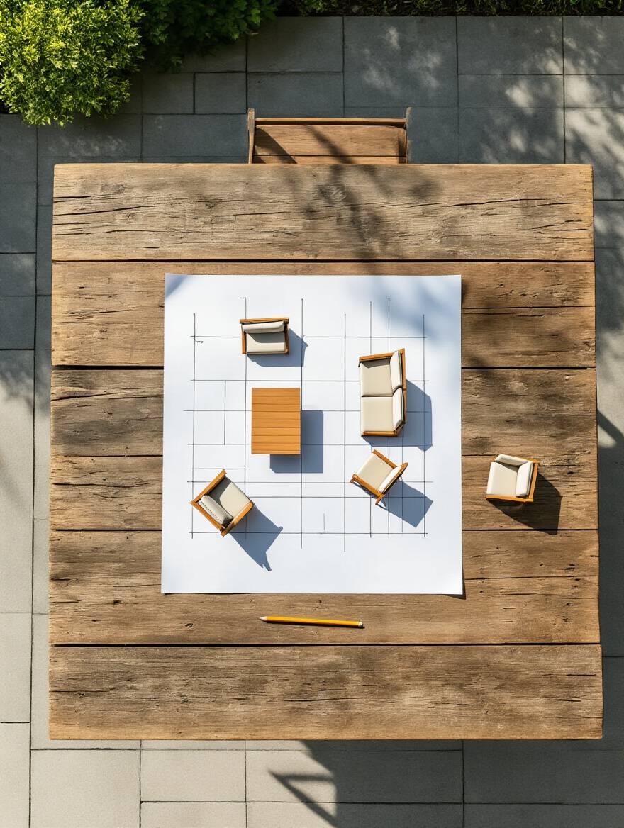 High-angle shot of a patio table with graph paper and paper cutouts representing furniture pieces being arranged, illustrating the process of creating a patio layout sketch for optimal furniture placement.