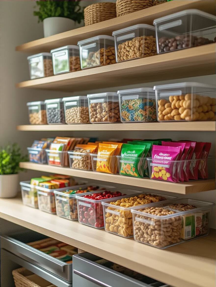 A brightly lit pantry shelf showcasing a tidy 'Snack Station' with clear acrylic bins holding various grab-and-go snacks.