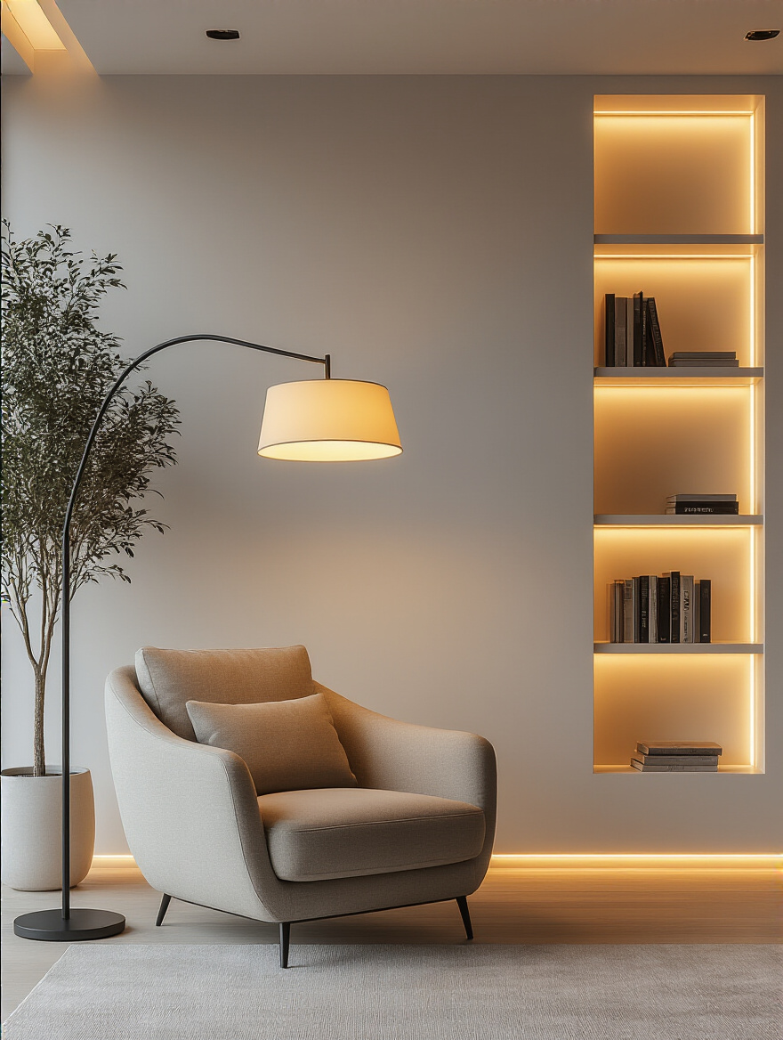 Modern living room showcasing curated layered lighting with recessed lights for ambient, a sleek floor lamp for task, and LED strips for accent, creating a sophisticated and inviting atmosphere.
