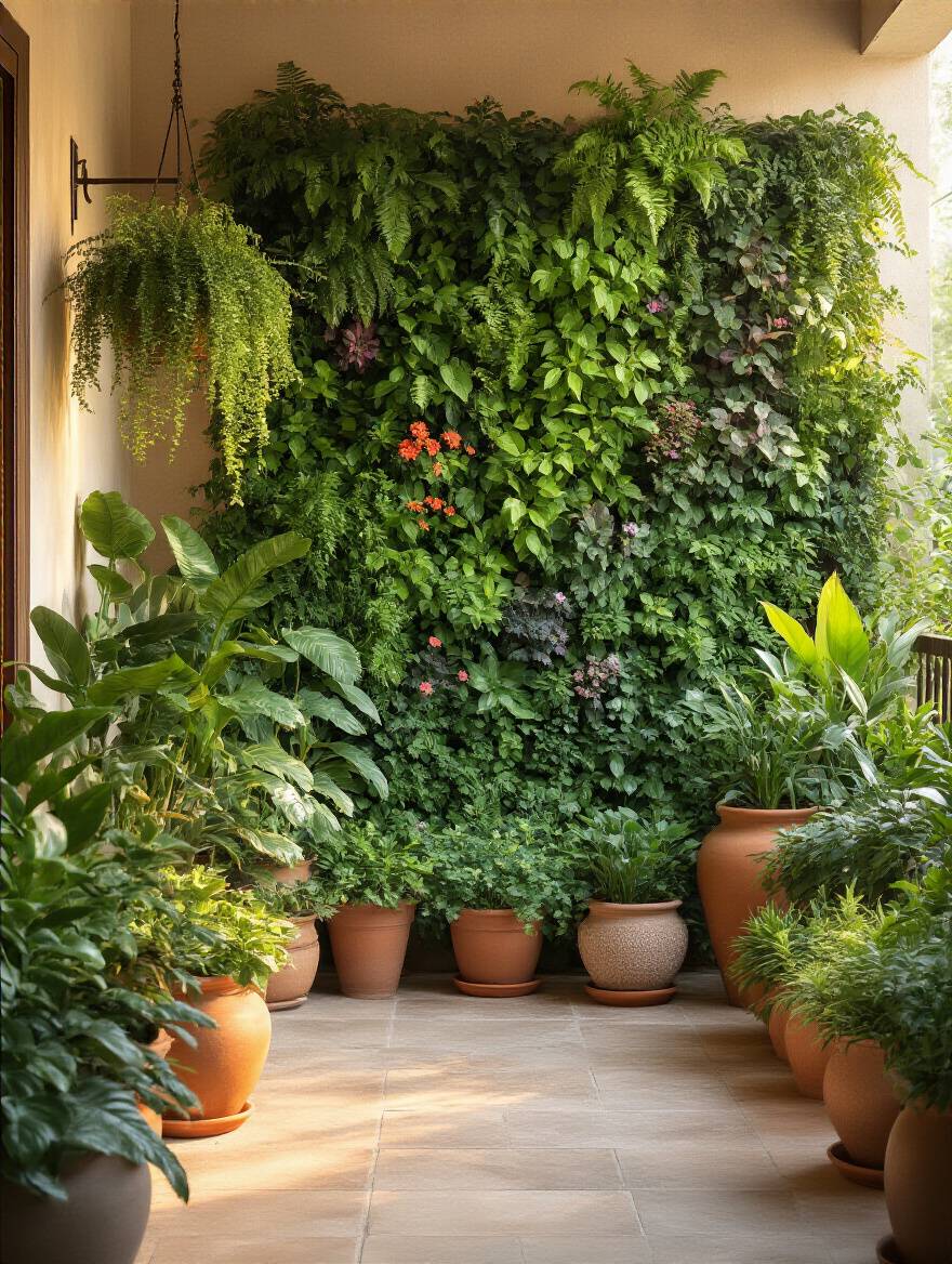 A beautifully designed patio filled with lush greenery, featuring various potted plants in stylish containers and a vibrant vertical garden on a wall, creating an inviting outdoor living space.