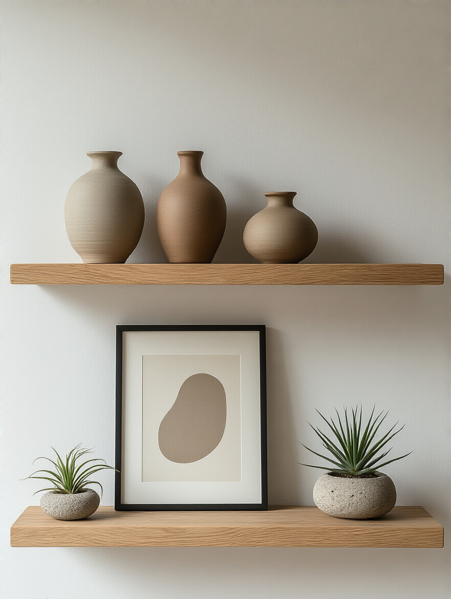 Modern living room with minimalist floating shelves displaying three ceramic vases and an abstract print, embodying the 'less is more' approach in home decor.
