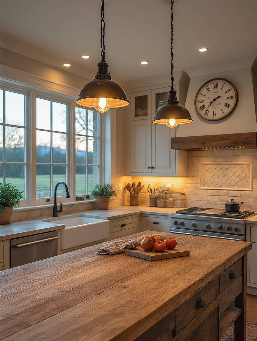 A charming farmhouse kitchen illuminated by invisible trim recessed lighting, showcasing the subtle, uniform ambient glow on a rustic wooden island and shiplap walls.