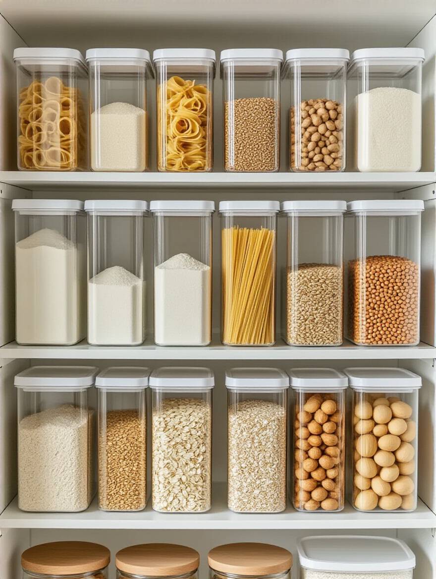 A beautifully organized pantry shelf in portrait view, featuring an array of clear, airtight containers neatly filled with various decanted dry goods like pasta, flour, and grains, all meticulously labeled for a unified and clean kitchen pantry organization.