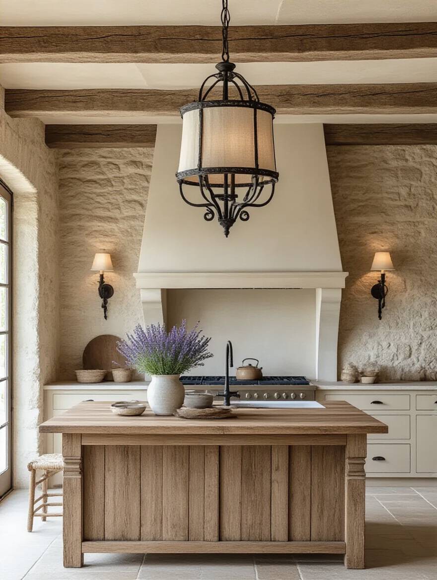 French Country farmhouse kitchen featuring an antique wrought iron lantern over an oak island and ceramic wall sconces, showcasing authentic regional farmhouse lighting style.