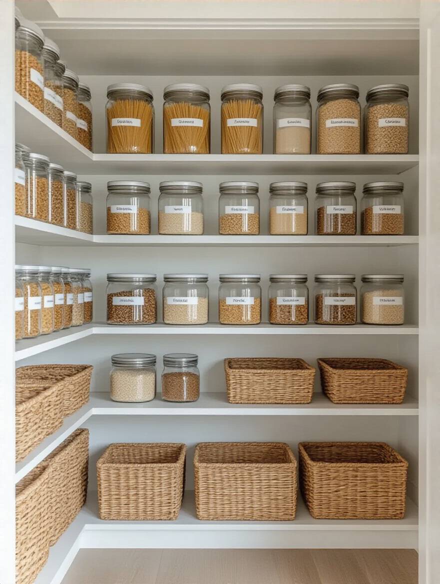 A beautifully organized kitchen pantry with clear glass containers, labeled uniformly, and neat baskets, demonstrating a well-defined minimalist aesthetic.