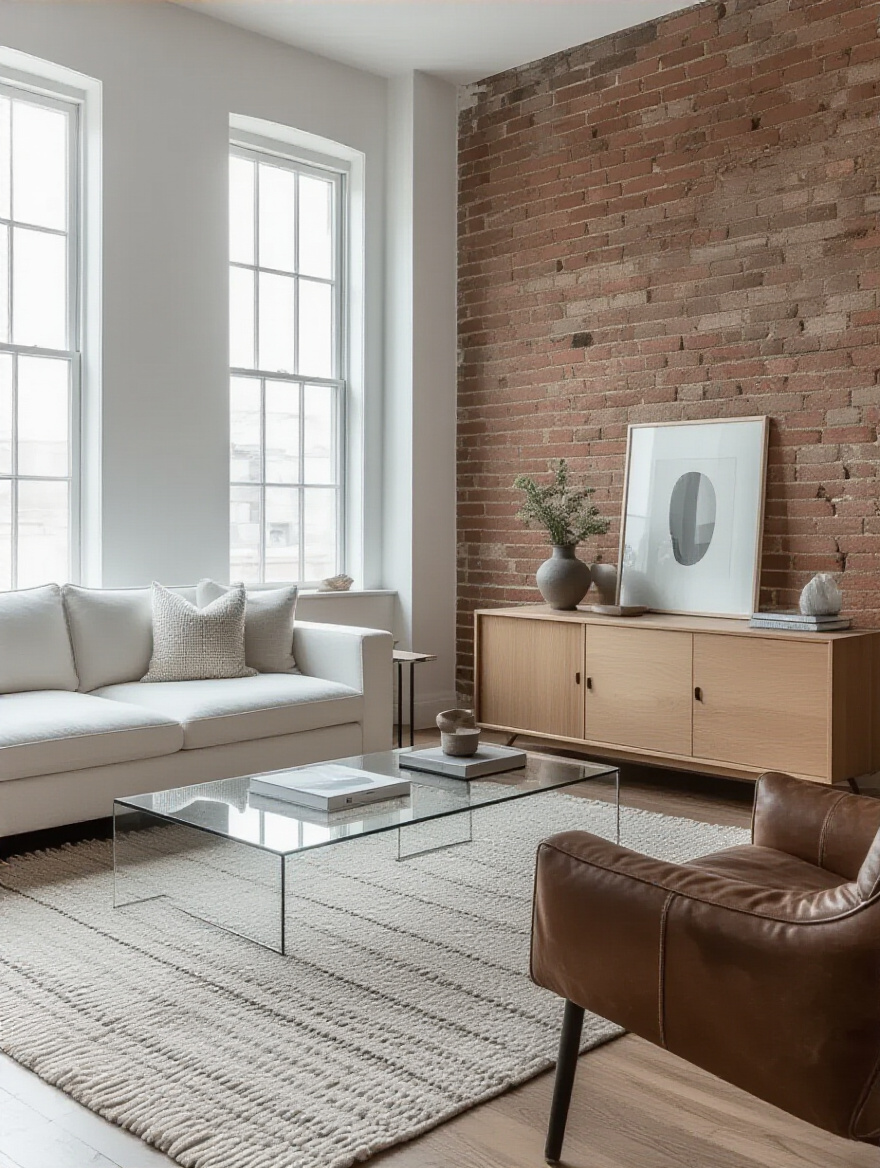 Image showcasing a living room subtly divided into sections representing minimalist, Scandinavian, and industrial design aesthetics with appropriate furniture and decor.