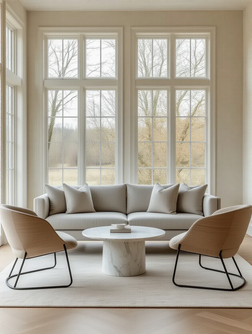 A beautifully curated modern living room with a blend of minimalist and Mid-Century Modern furniture, showcasing sleek design and natural lighting.