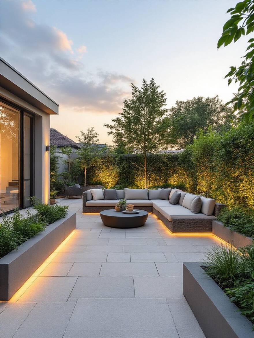 Beautiful, versatile patio with modular seating and planters, representing the planning phase of defining a patio's purpose for optimal outdoor design.