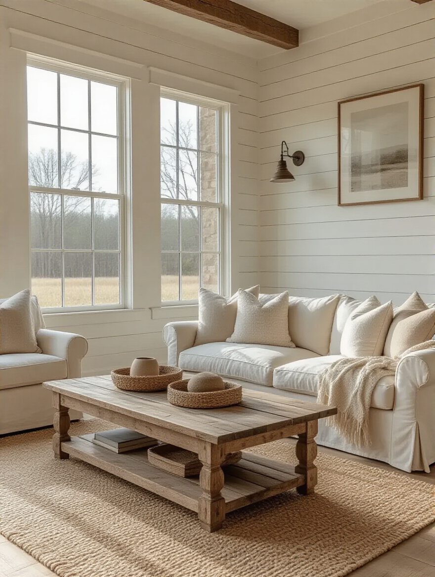 A beautifully designed modern farmhouse living room showcasing distressed wood, shiplap, and soft textiles, representing a well-defined rustic sub-style.