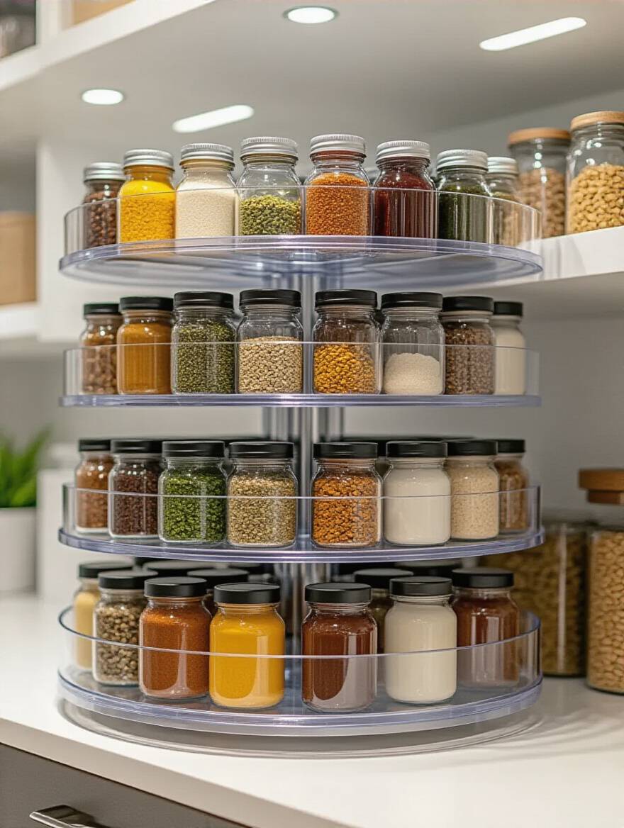 A clear acrylic two-tiered lazy susan full of spices and condiments rotating on a deep pantry shelf, demonstrating effective kitchen pantry organization and accessibility.