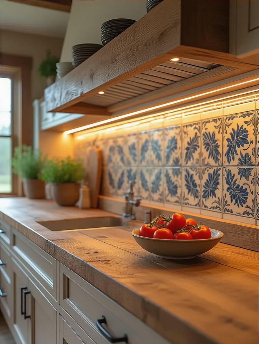 Warm undercabinet LED linear lighting illuminating a farmhouse kitchen countertop with a reclaimed wood surface and artisanal ceramic backsplash.