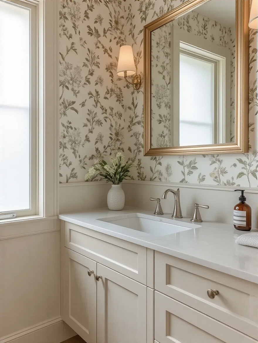 A perfectly proportioned half-wall in a modern bathroom with elegant floral wallpaper on the top section and a contrasting painted lower section, aligning visually with a sleek vanity, enhancing visual balance.