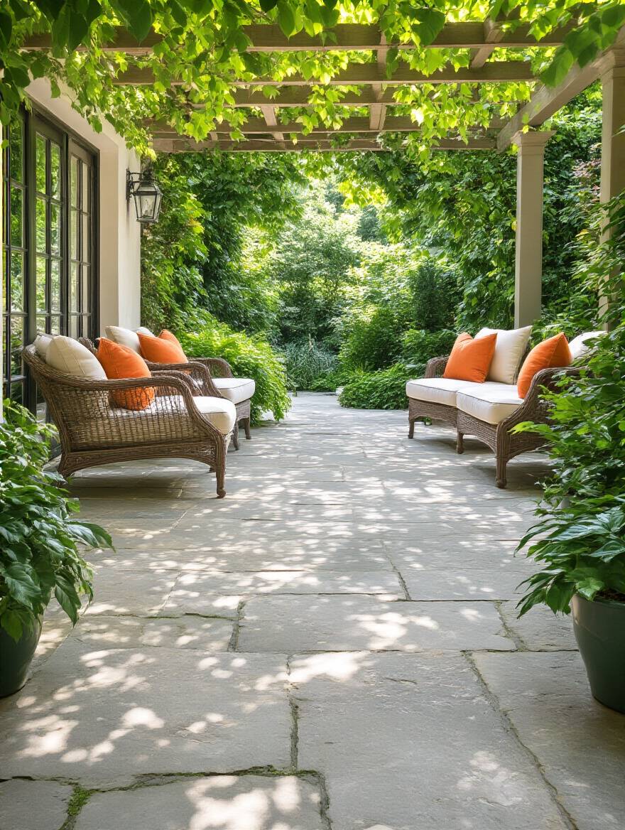 A beautifully maintained flagstone patio with clean stones, green potted plants, and inviting outdoor furniture, conveying the lasting charm of a regularly cared-for outdoor space.