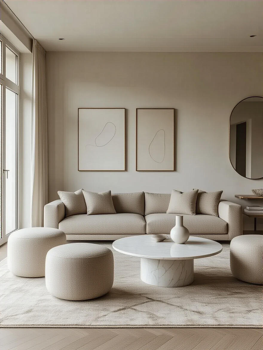 A minimalist modern living room featuring a rectangular sofa, circular coffee table, and geometric rug, highlighting clean lines and shapes for a sophisticated, uncluttered look.