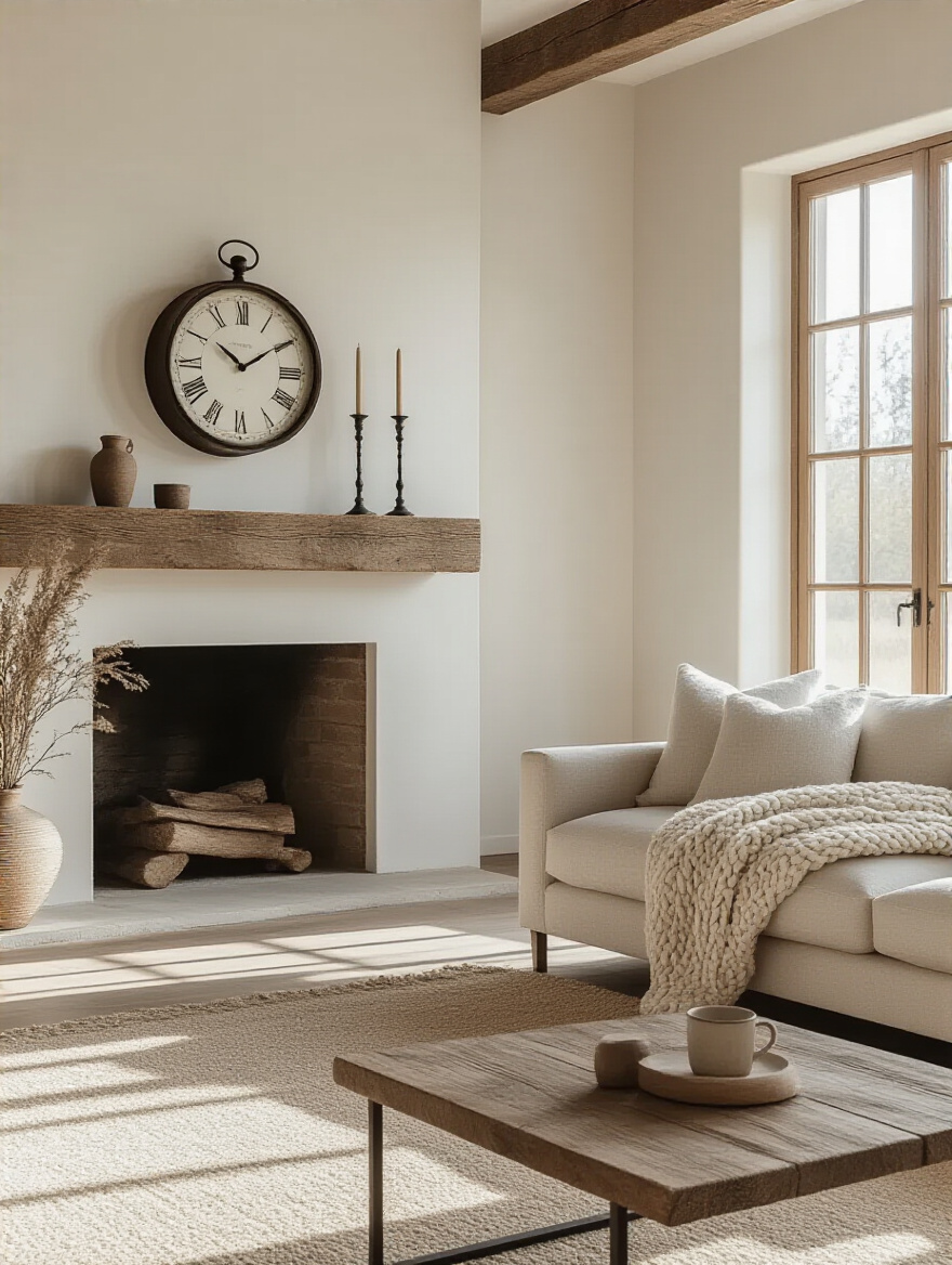 A serene and spacious uncluttered rustic living room featuring a clean reclaimed wood mantelpiece with a single antique clock and two iron candlesticks. A simple sofa with a neutral throw and clear surfaces contribute to a minimalist yet cozy rustic aesthetic.