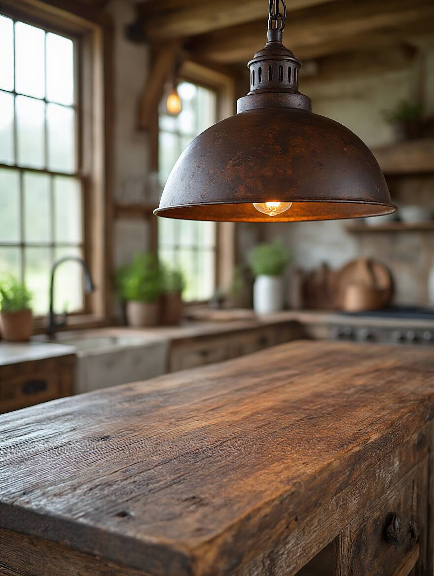 Close-up of a farmhouse kitchen pendant light made of oil-rubbed bronze with a visible, authentic distressed metal finish and rich patina. The texture and historical character are highlighted by soft lighting in a rustic kitchen.