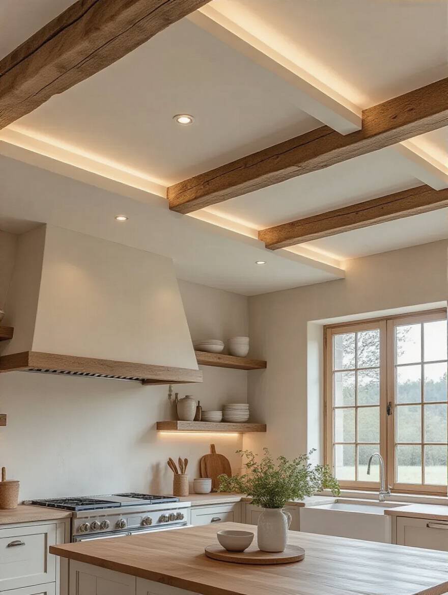 Farmhouse kitchen ceiling with hidden LED cove lighting creating a soft, warm, diffused upward glow, no visible light source, rustic wooden beams visible