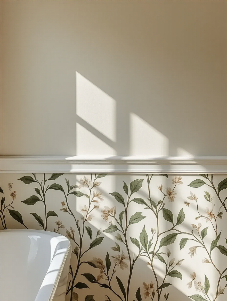 A clean, eye-level shot of a modern bathroom half-wall with botanical wallpaper below a white decorative trim, topped by a neutral painted wall, under natural lighting.