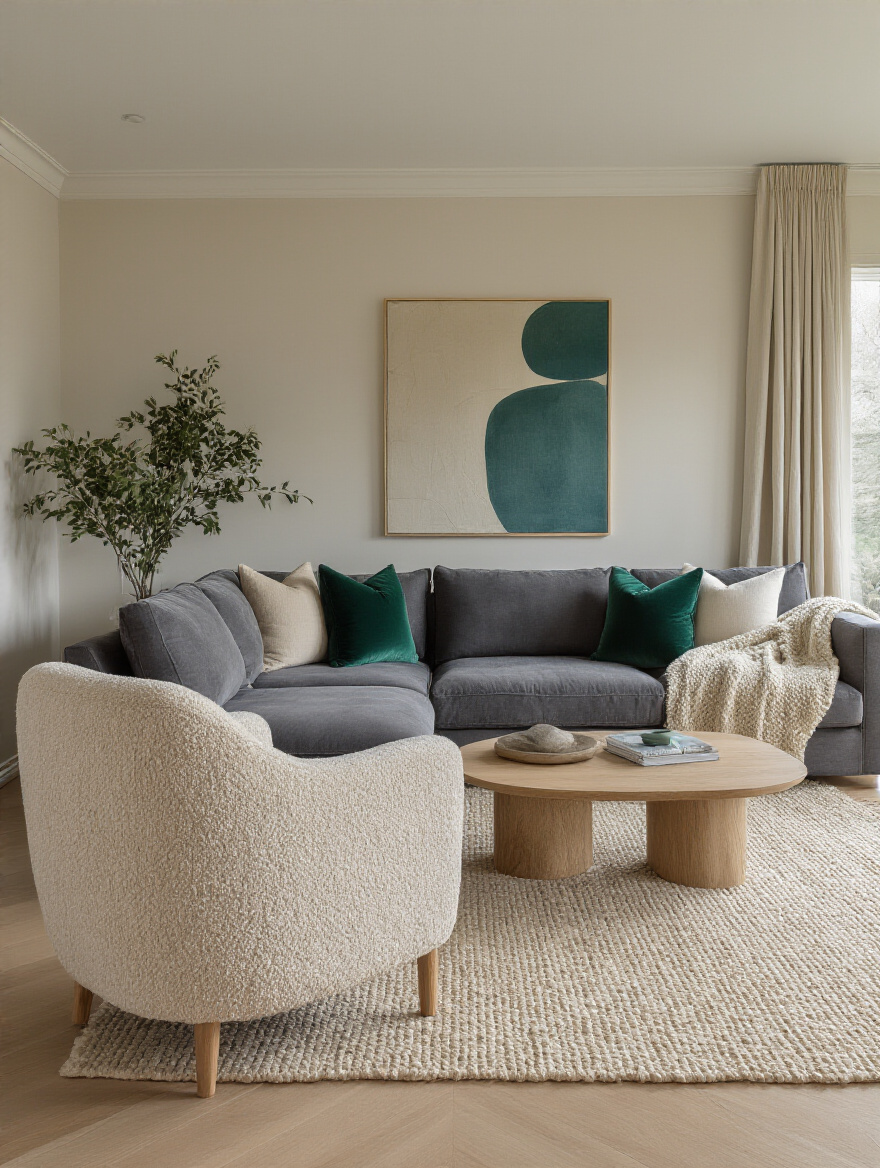 Modern living room with neutral off-white walls, charcoal gray sofa, light oak floor, cream rug, emerald green pillows, and abstract art, showcasing a cohesive neutral and accent color palette.