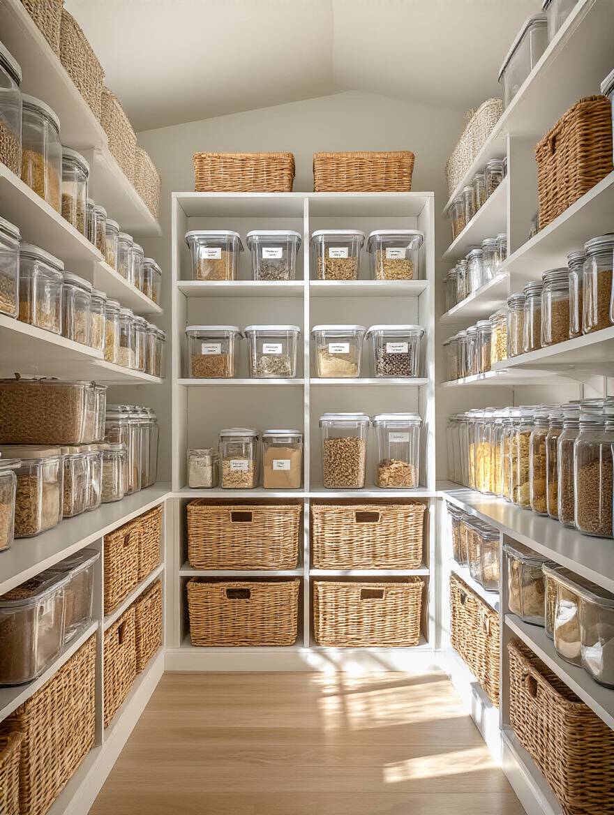 A well-organized kitchen pantry with clear bins and wicker baskets, demonstrating effective budget planning for pantry organization.
