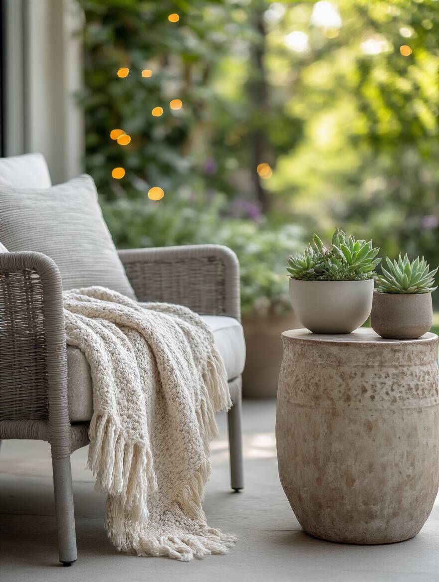 Elegant patio lounge area with durable outdoor armchair and stylish planter, symbolizing smart decor investments and careful budgeting.