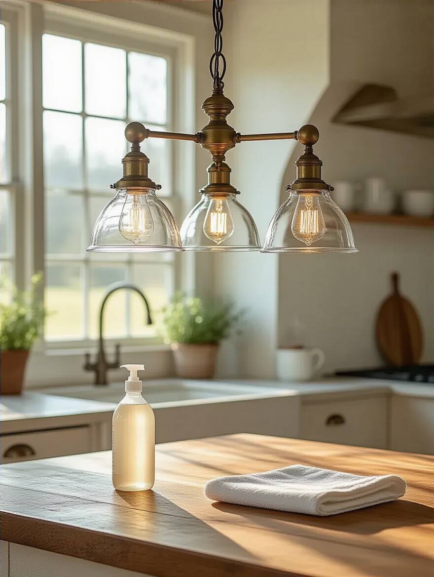Farmhouse kitchen pendant light meticulously cleaned with a microfiber cloth and cleaning solution, emphasizing proactive maintenance for fixture longevity.