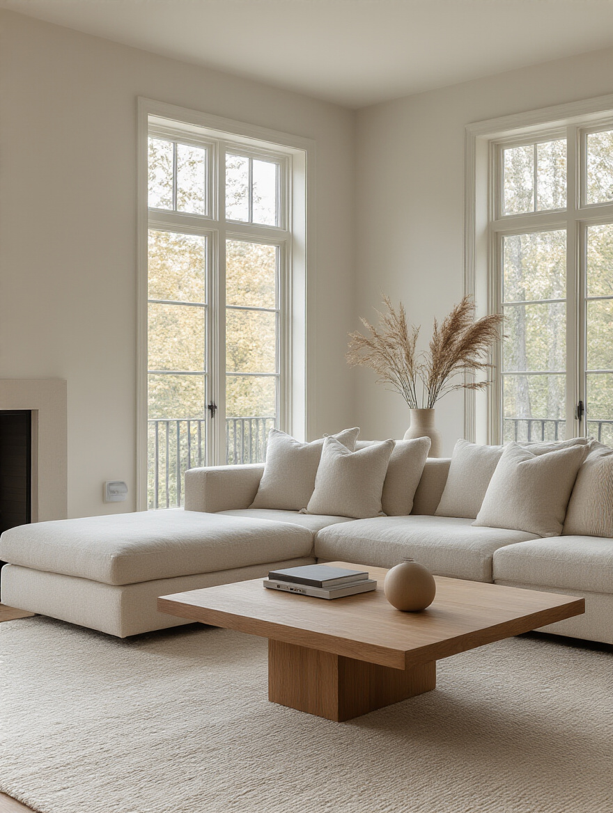 A serene modern living room designed with timeless, high-quality neutral furniture, a solid wood coffee table, and subtle integrated smart technology, showcasing future-proof interior design.