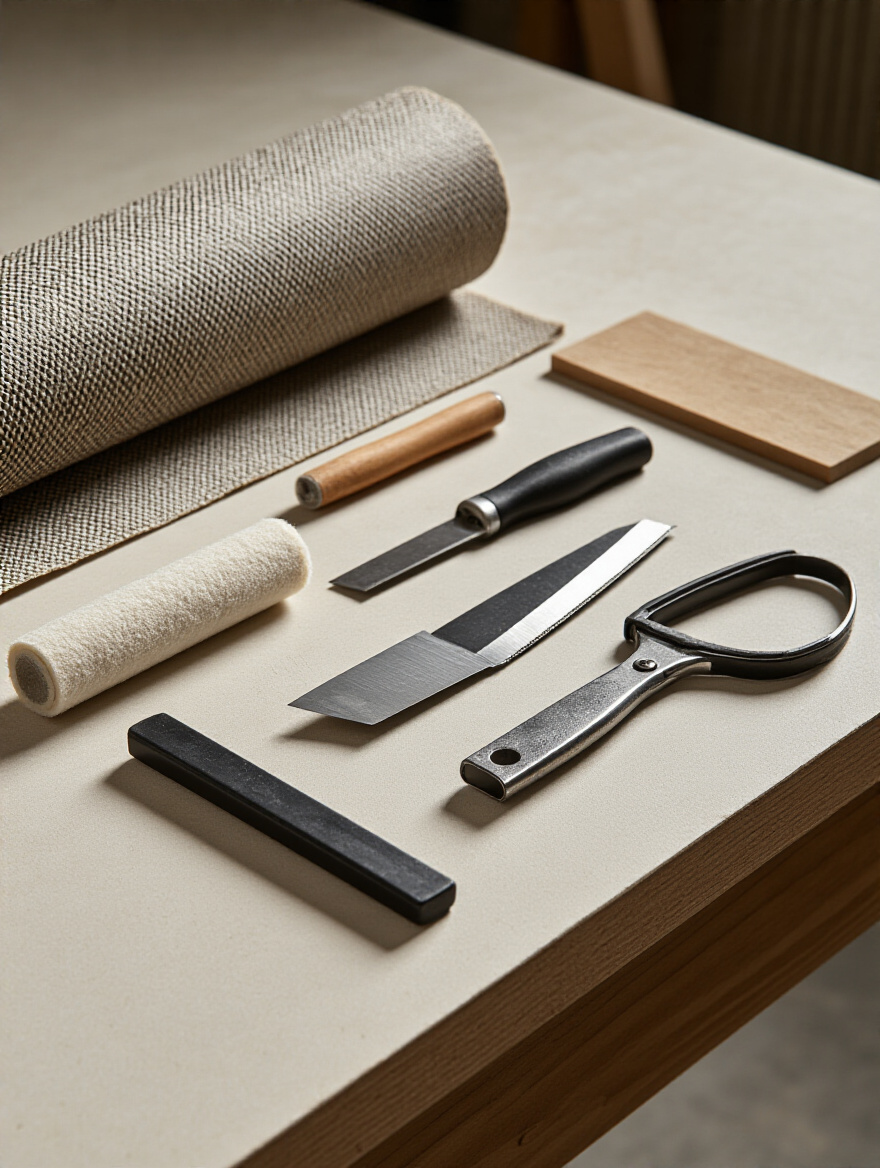 A collection of new, specialized tools for wallpaper installation, including a snap-off knife, smoother, and seam roller, neatly displayed on a light surface for a bathroom half-wall wallpaper project.