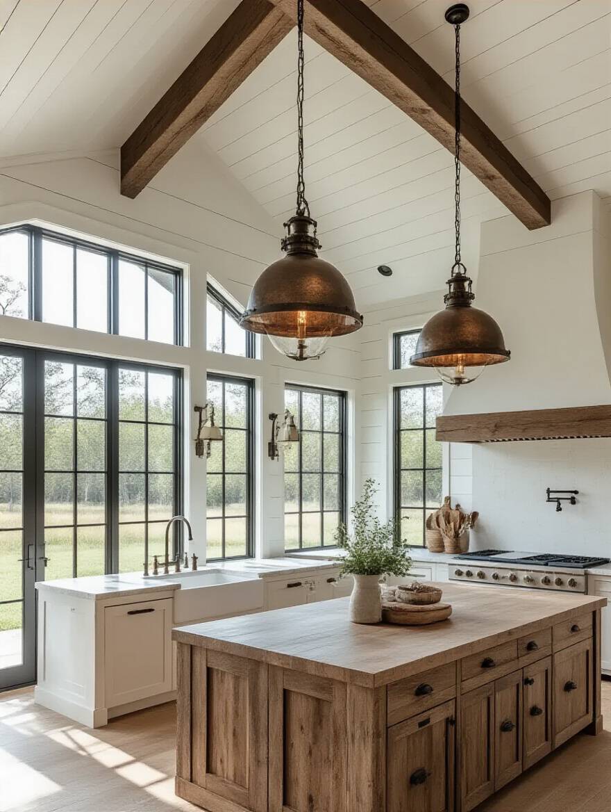 Farmhouse kitchen with high vaulted ceilings and large, perfectly scaled bronze pendant lights over a rustic island, demonstrating ideal lighting proportion.