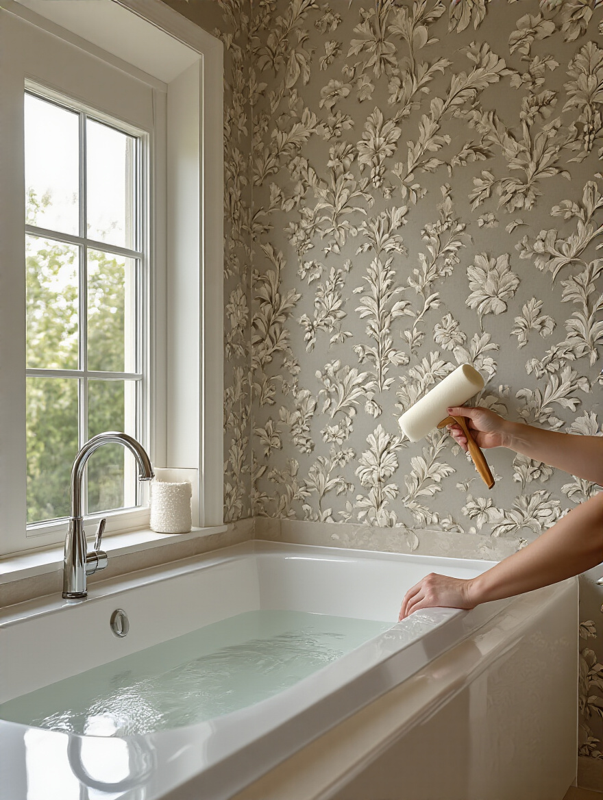 A contemporary bathroom half-wall with elegant wallpaper receiving a clear, water-resistant sealant application from a foam roller, under soft natural light.