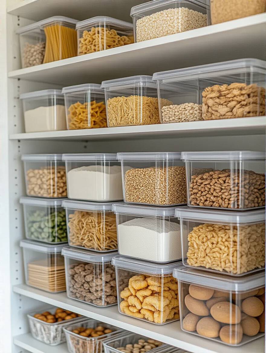 Organized kitchen pantry shelf with clear plastic bins and baskets filled with various food items like pasta, snacks, and baking ingredients, showing visible grouping and easy access.