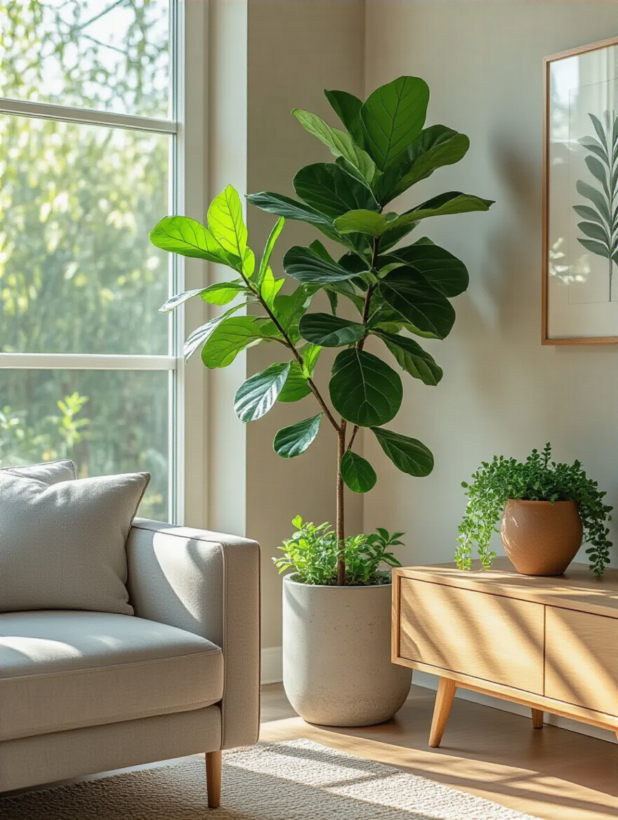 A modern living room interior featuring a large Fiddle Leaf Fig in a concrete planter and smaller plants on a minimalist console table, under natural light.