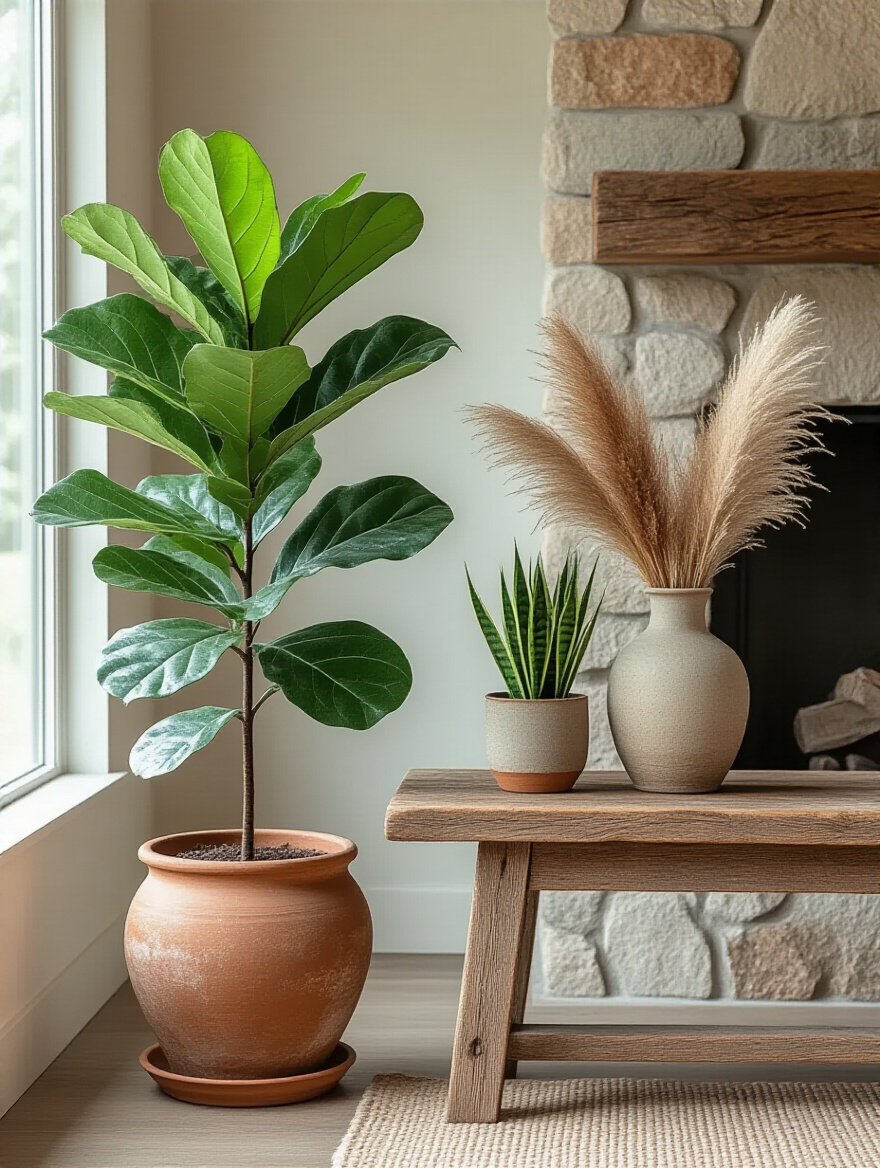 A cozy rustic living room corner showcasing a tall fiddle leaf fig plant in a terracotta pot, a snake plant on a wood table, and dried eucalyptus and pampas grass in a vase, beside a stone fireplace, illuminated by natural light.