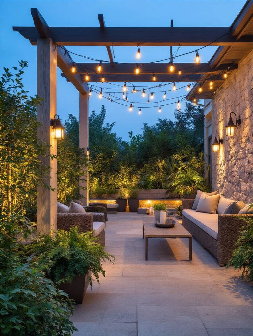 An outdoor patio at dusk showcasing a cohesive layered lighting design with string lights, wall sconces, and uplights creating ambiance and functionality.