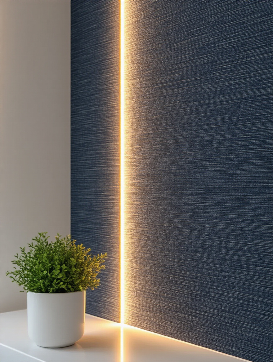 Modern bathroom half-wall featuring dark navy grasscloth wallpaper, illuminated from below by concealed LED strips accentuating its texture and depth, creating a sophisticated visual effect.