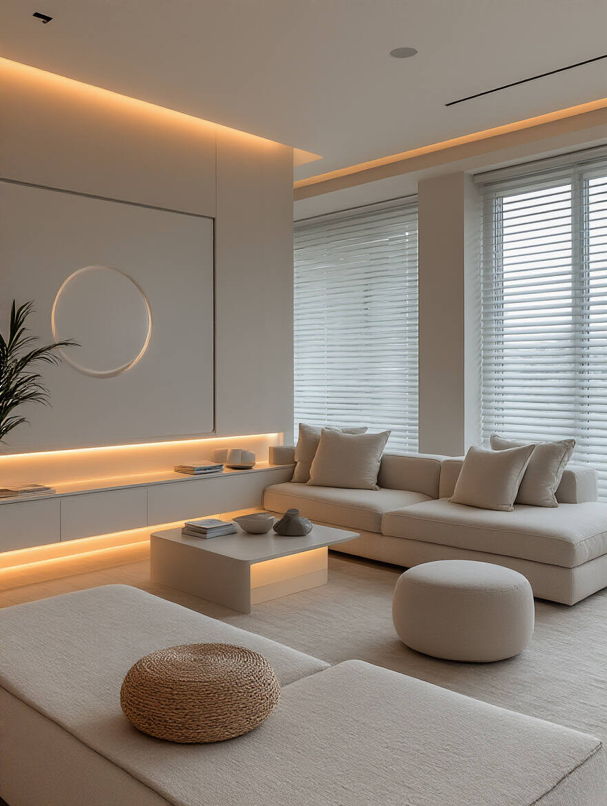 Modern living room with integrated smart home technology, featuring ambient smart lighting and automated window treatments for enhanced ambiance and convenience.